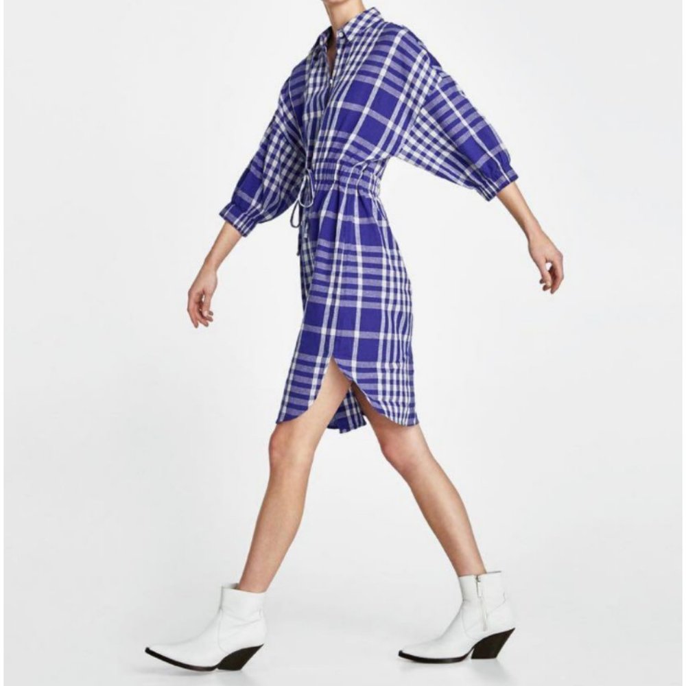 Zara Woman Linen Blend Plaid Tunic Shirt Dress XS - Picture 2 of 7